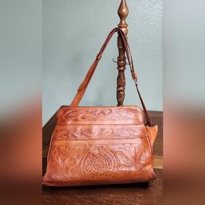 Hand Tooled Leather Handbag Gaitan Purse with Geometrical Sun and Flower 60s